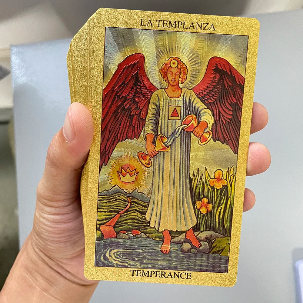 Spanish & English Golden Foil Tarot Deck – 12x7cm Prophecy Cards for Beginners with 2-Language Guidebook