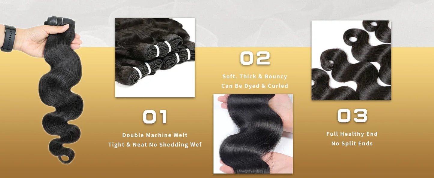 38 40 Inch Loose Body Wave Brazilian Hair Bundles – 1/3/4 PCS Water Wave Raw Human Hair Extensions, Black