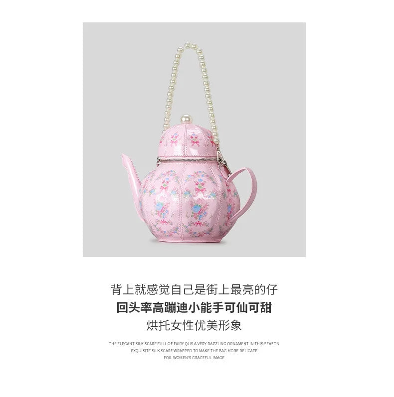 Creative Vintage Printed Teapot Design Women’s Handbag – Pearl Chain Luxury Small Bucket Crossbody Bag