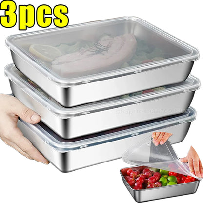 Stainless Steel Food Container with Lid – Thick Tray for Fresh-Keep Storage of Food, Fruit, and Kitchen Organization