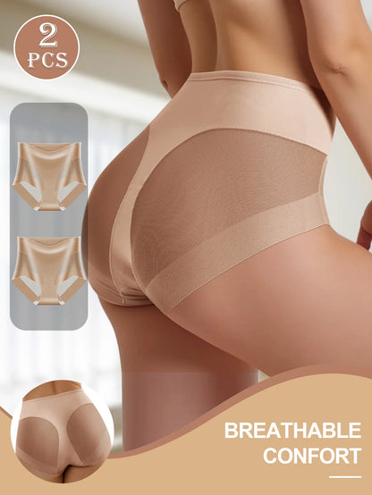 2PCS Women's High Waist Seamless Briefs – Soft Breathable Mesh Underwear in Solid & Contrast Colors