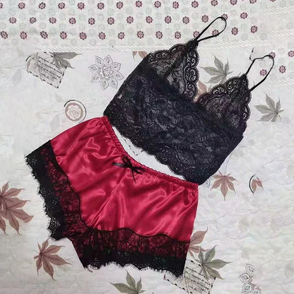 Women's Lace Babydoll Sleepwear Set - V-Neck Sleeveless Lingerie Top & Shorts