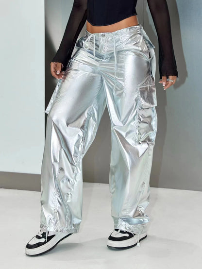 Y2K Street Style Wide Leg Cargo Pants – Silver Metallic Flap Pocket Drawstring Waist Parachute Festival Outfit