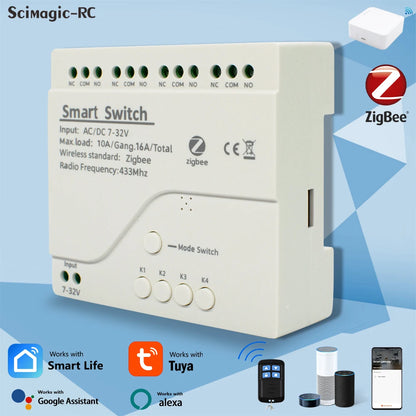 Tuya Zigbee & eWeLink Smart WiFi Module Switch, 4CH Relay 12V/24V/110V/220V RF 433 Remote Control, Works with Alexa & Google Home