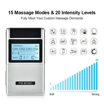 15-Mode EMS TENS Electric Muscle Stimulator — Full Body Physiotherapy Pulse Massager for Pain Relief and Health Care