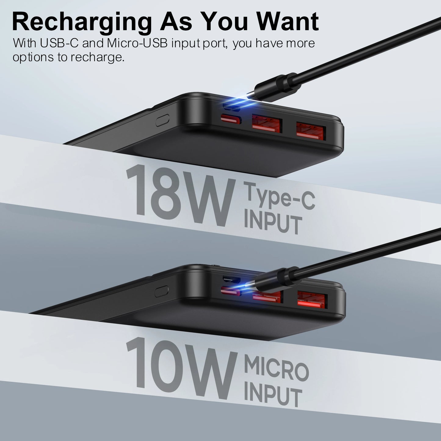 Portable 10000mAh Power Bank – PD 22.5W Battery Pack, Slim Design with 3 Outputs & 2 Inputs