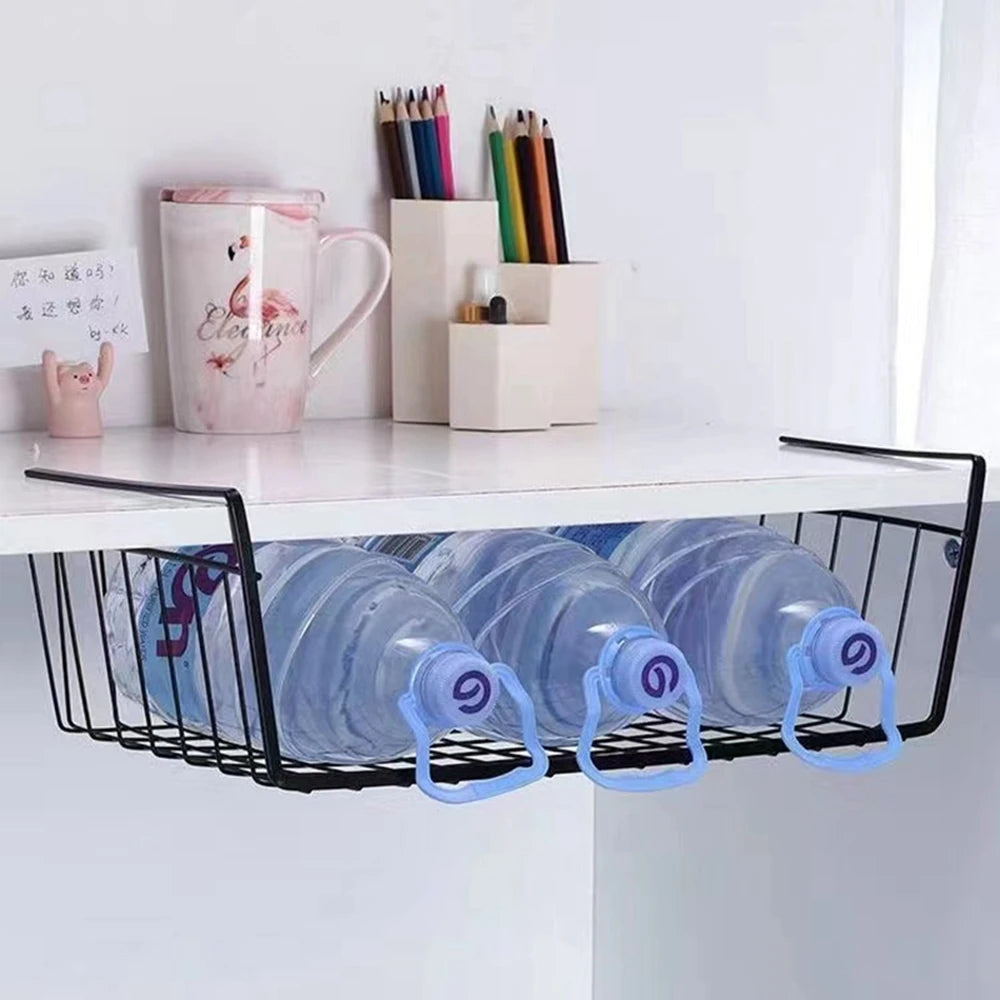 Metal Iron Kitchen Organizer Shelf - Cabinet Storage Rack with Hanging Mesh Basket for Desk, Wardrobe, and More