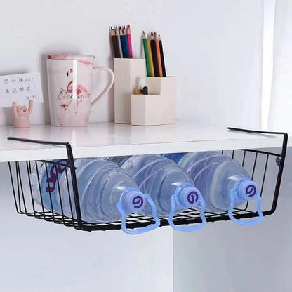 Metal Iron Kitchen Organizer Shelf - Cabinet Storage Rack with Hanging Mesh Basket for Desk, Wardrobe, and More