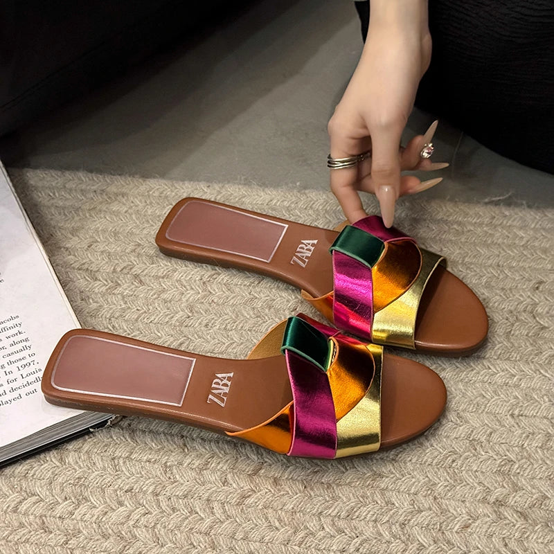2025 Summer Women's Designer Open Toe Woven Flat Slippers – Comfortable Casual Shoes
