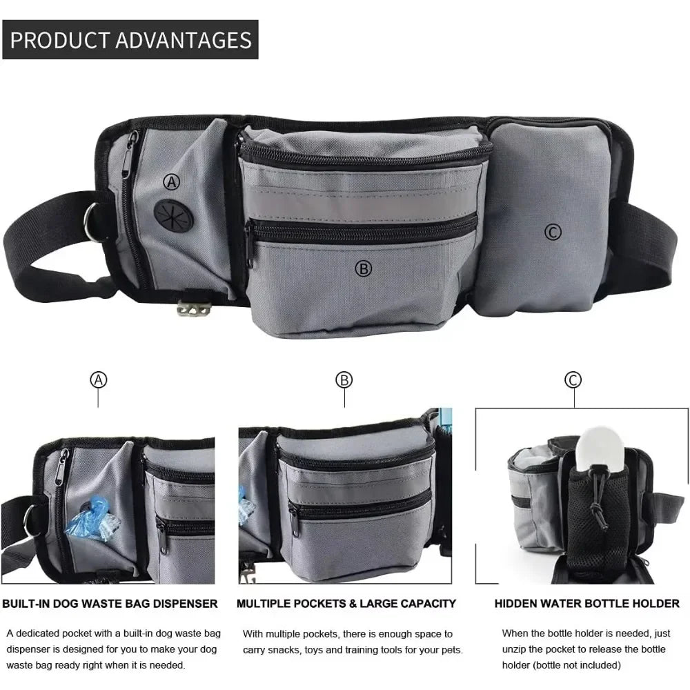 Dog Training Walking Bag – Hands Free Treat Pouch Waist Bag, Pet Snack Feeder, Pocket for Dog Bowls & Water Cup