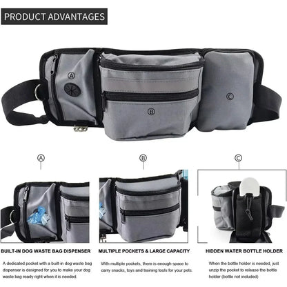Dog Training Walking Bag – Hands Free Treat Pouch Waist Bag, Pet Snack Feeder, Pocket for Dog Bowls & Water Cup