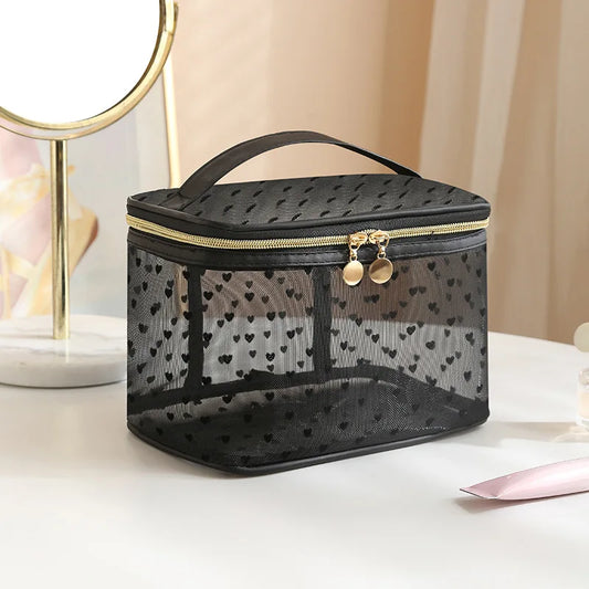 Double-Layer Black Mesh Cosmetic Bag – Large Capacity Travel Makeup Case Organizer with Zipper Toiletry Pouch