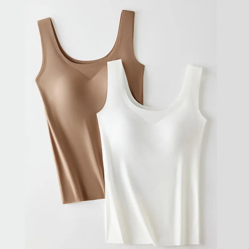 Women's Ice Silk Seamless Tank Top with Chest Pads - Wide Shoulder Sleeveless Innerwear