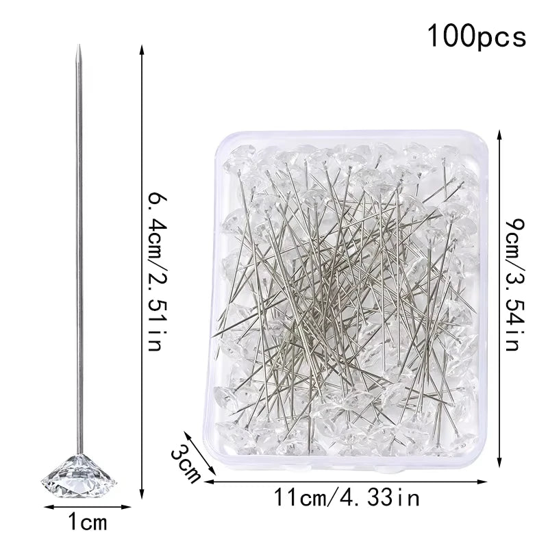 Fenrry 100PCS Diamond Head Pins – Crystal Corsage Sewing Pins, Straight Pins for Dressmaking & Party Decorations with Plastic Box