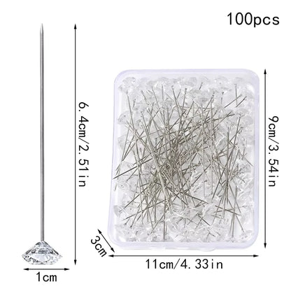 Fenrry 100PCS Diamond Head Pins – Crystal Corsage Sewing Pins, Straight Pins for Dressmaking & Party Decorations with Plastic Box