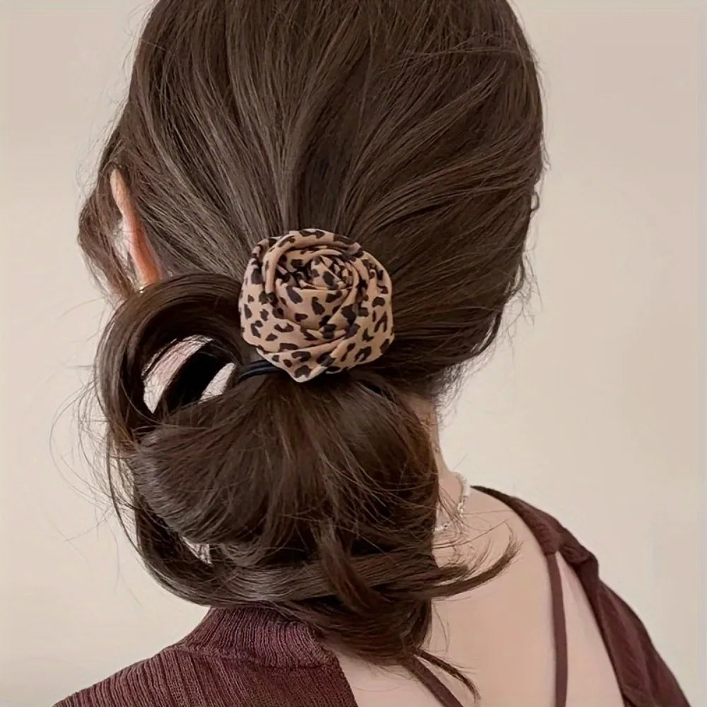 Leopard Rose Hair Ties - 1/2-Piece Elastic Floral Ponytail Accessories