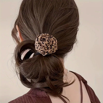 Leopard Rose Hair Ties - 1/2-Piece Elastic Floral Ponytail Accessories