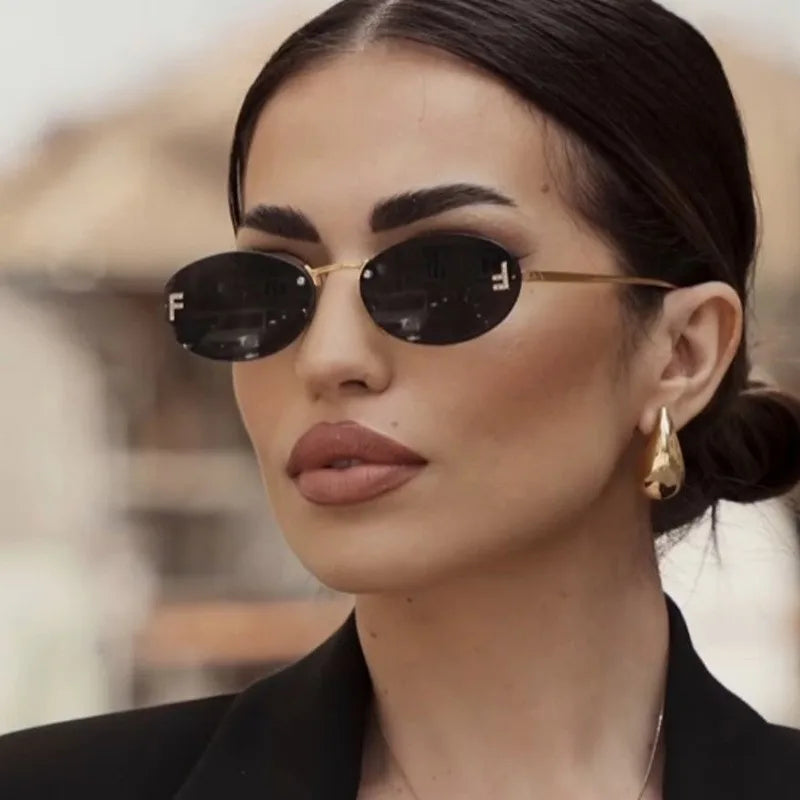 Elegant Diamond Oval Rimless Sunglasses — Men’s “F” Letter Car Sunglasses Model 90902
