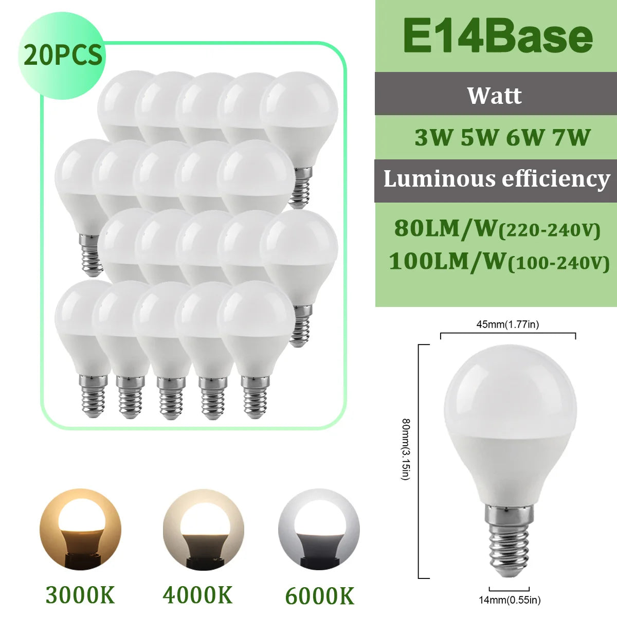 20pcs G45 C37 LED Bulbs — 3W/5W/6W/7W Energy-Saving Mini Lamps, Warm & Cool Light for Home and Bedroom