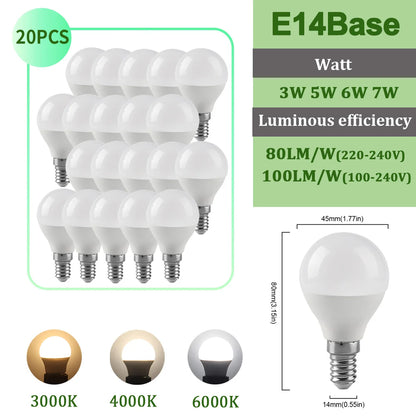 20pcs G45 C37 LED Bulbs — 3W/5W/6W/7W Energy-Saving Mini Lamps, Warm & Cool Light for Home and Bedroom