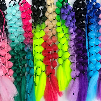 Colorful Bubble Braid Ponytail Extension – Long Lantern Braided Synthetic Hairpiece with Tie