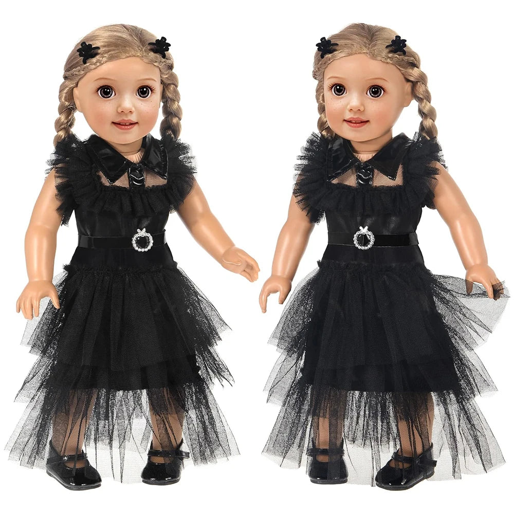 18-Inch Girl Doll Halloween Dress – Wednesday Outfit for 43–45cm American Girl Dolls, Skirt & Toy Gift Set