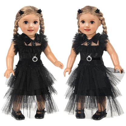 18-Inch Girl Doll Halloween Dress – Wednesday Outfit for 43–45cm American Girl Dolls, Skirt & Toy Gift Set