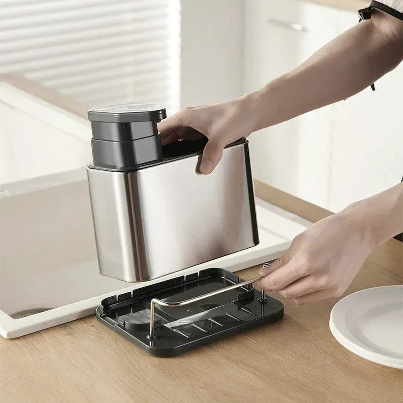 3-in-1 Kitchen Soap Dispenser and Cutlery Holder - Stainless Steel Utensil Organizer with Drainer and Dish Drying Rack