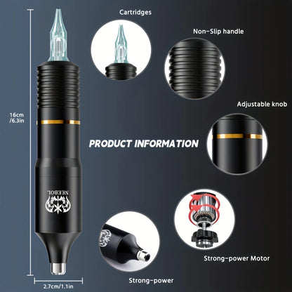 Neebol Wireless Tattoo Machine Kit — Complete Rotary Pen Set with Cartridges, Needles, Ink for Body Art & Valentine’s Gift