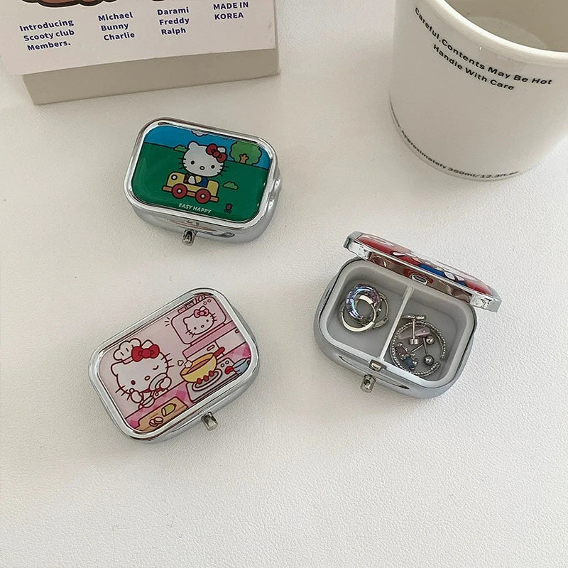 Kawaii Hello Kitty Divided Metal Medicine Box – Portable Travel Packing, Cute Mini Moisture-Proof & Light Storage Box