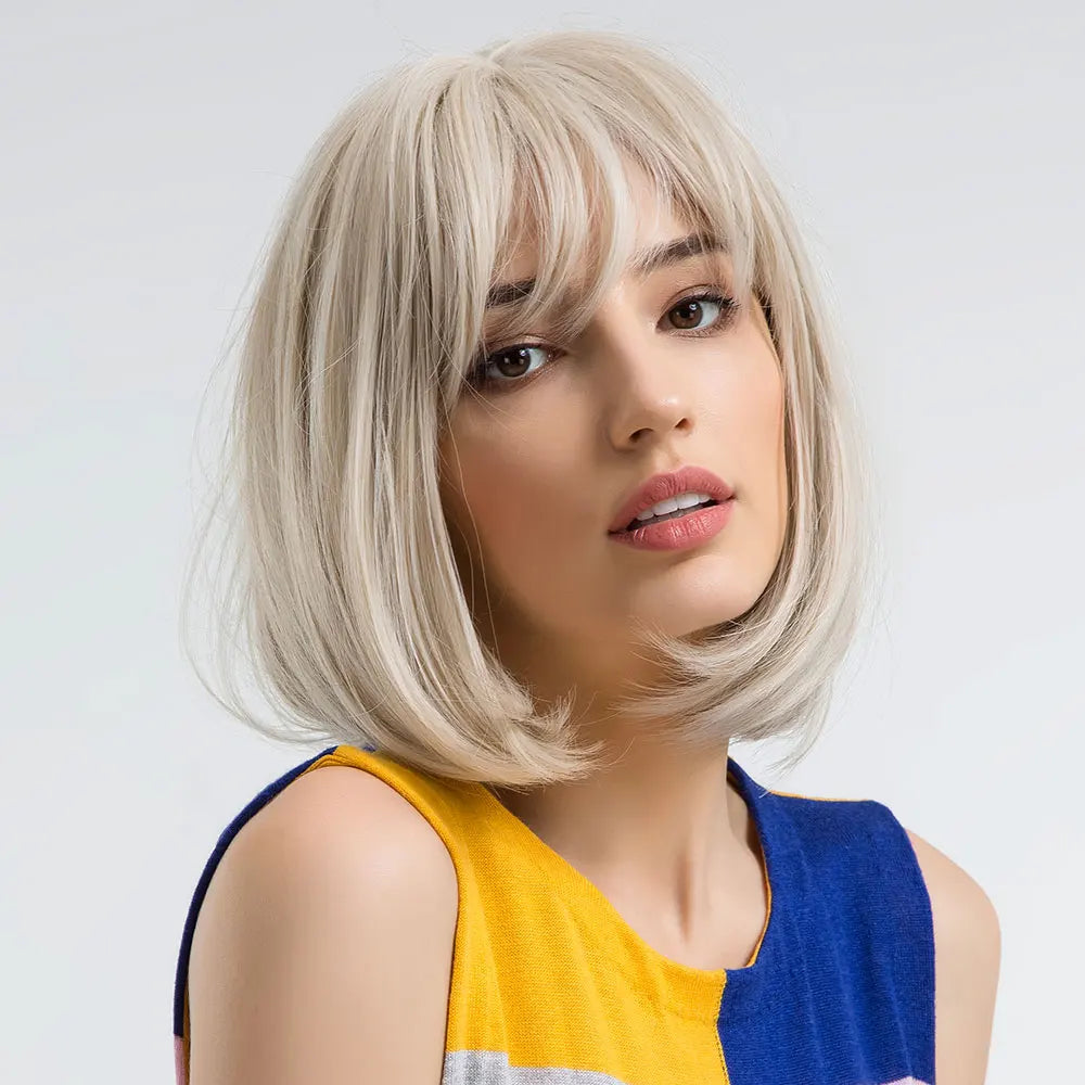 Short Bob Platinum Blonde Wig with Bangs – Synthetic Straight Hair, Heat-Resistant Wig for White Women, Daily & Party Wear