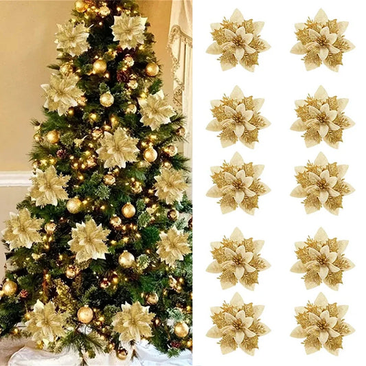 5/10PCS 14.5cm Christmas Flower Ornaments | Pink, Red, Gold Glitter Artificial Flowers for Tree & Home Xmas Decoration