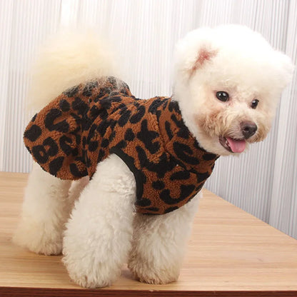 Leopard Print Dog Dress Coat – Winter Fleece Pullover Hoodie & Sleeveless Vest for Small Dogs, Chihuahua Puppy Skirt