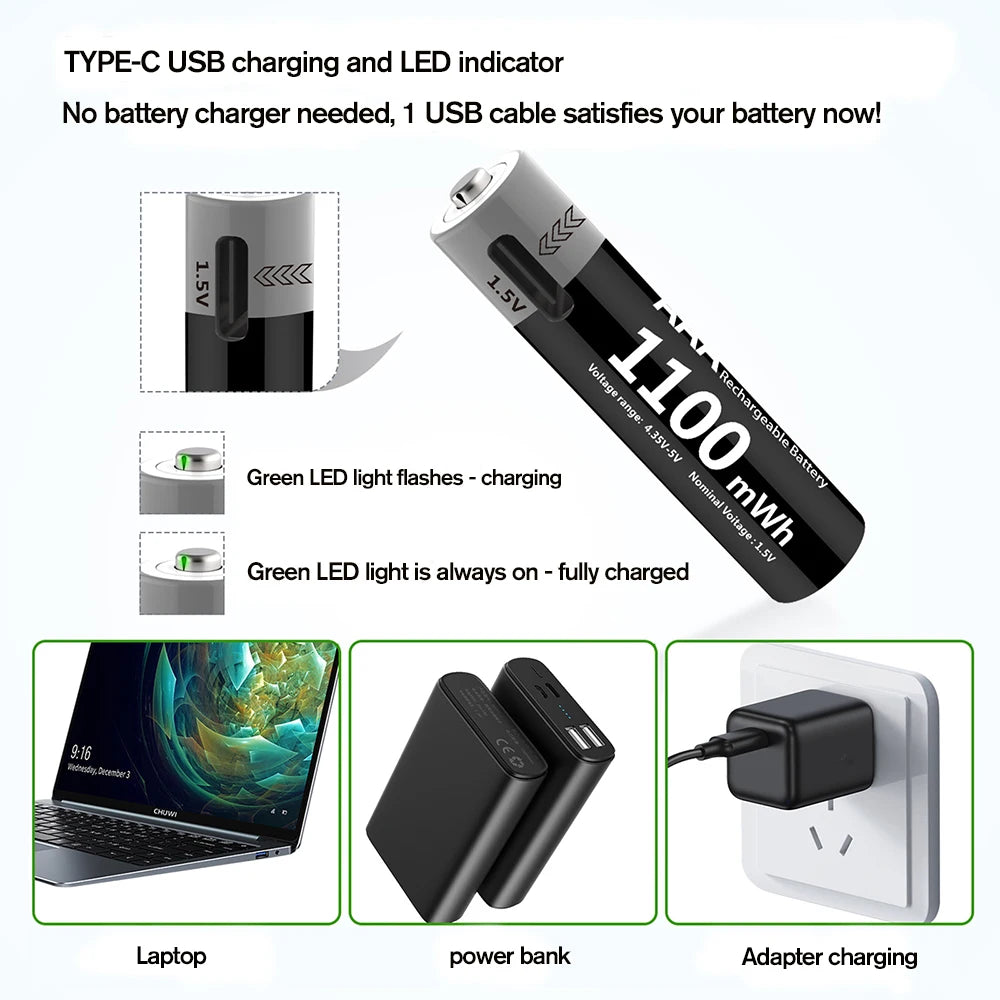 MATOV USB Rechargeable Li-ion AA 3400mWh & AAA 1100mWh 1.5V Batteries Pack