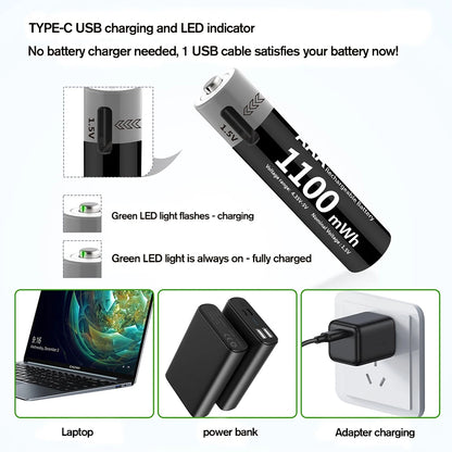 MATOV USB Rechargeable Li-ion AA 3400mWh & AAA 1100mWh 1.5V Batteries Pack