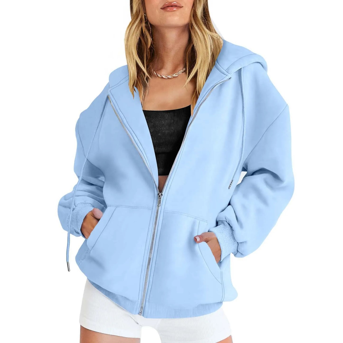Women’s Gray Zip-Up Hoodie Sweatshirt – Autumn Winter Long Sleeve Jacket with Pockets