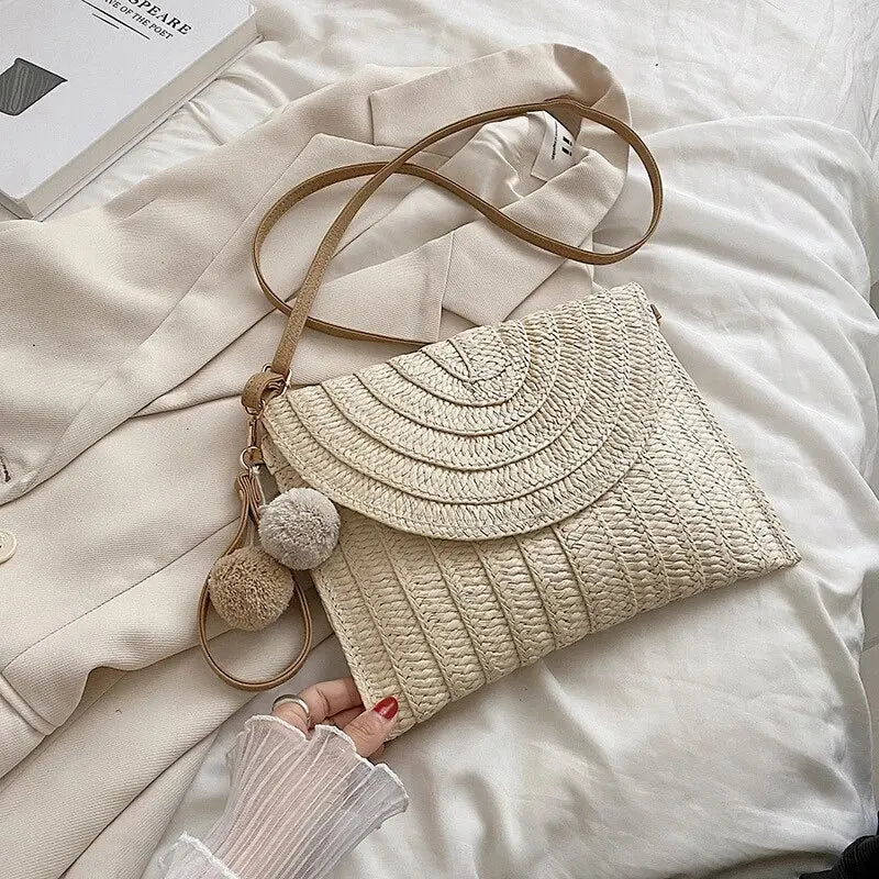 Handmade Straw Beach Bag – Small Woven Summer Shoulder Crossbody Clutch with Hair Ball