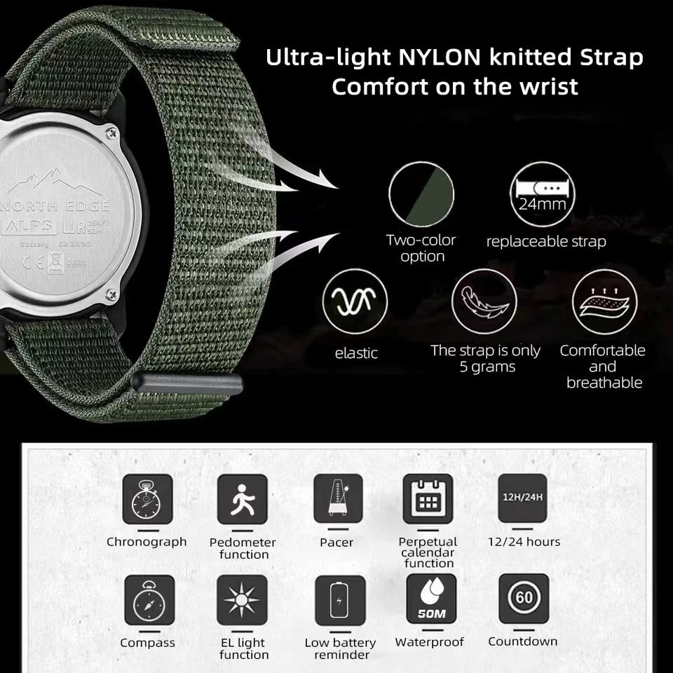 NORTH EDGE ALPS 45MM Men's Outdoor Sports Watch Waterproof Compass Metronome Carbon Fiber Case Nylon Strap