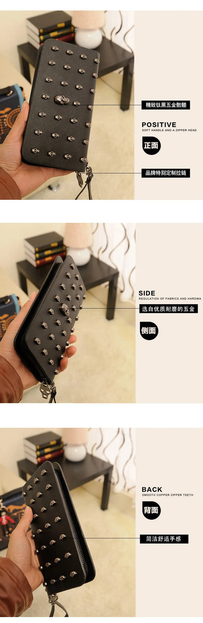 Women's Gothic Skull Head Long Wallet – Black Handheld Mobile Wallet with Wrist Strap & Card Clip