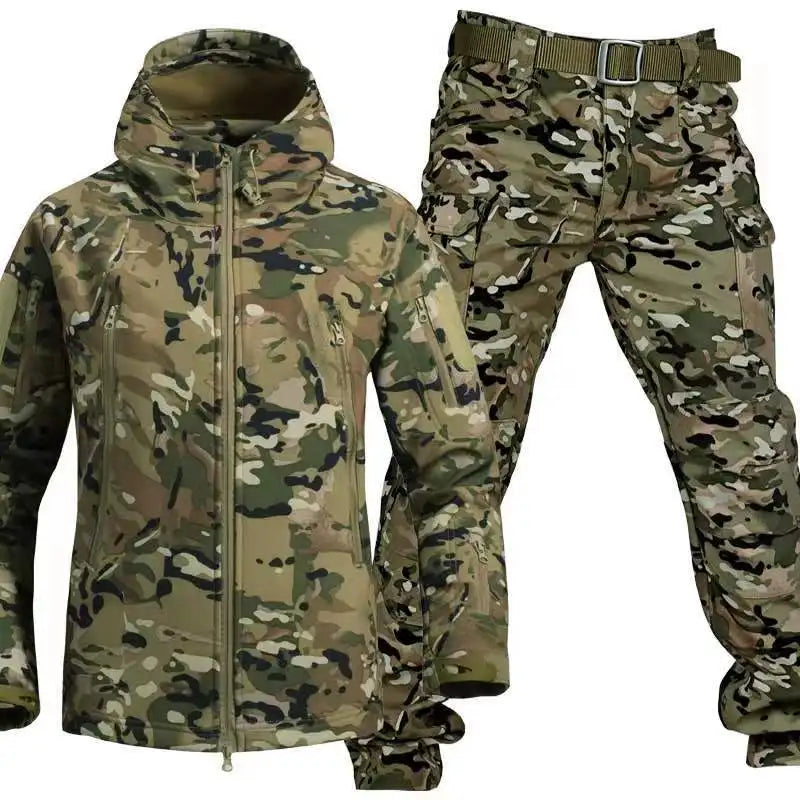 Outdoor Shark Skin Camo Warmth Set – Thickened Plush Coat for Autumn/Winter Racing, No Cuff Logo Pattern