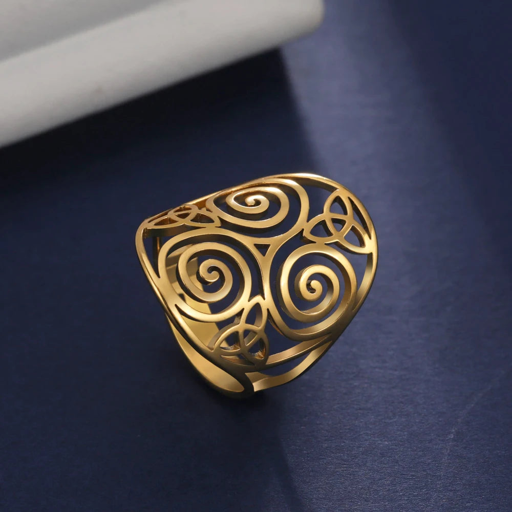Triskelion Amulet Adjustable Ring – Celtic Knot Stainless Steel Ring for Men & Women, Wicca Vintage Jewelry Gift