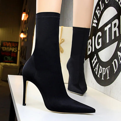 Women’s Satin Sock Ankle Boots - 7.5cm & 10cm High Heels Pointed Toe Winter Fashion Boots