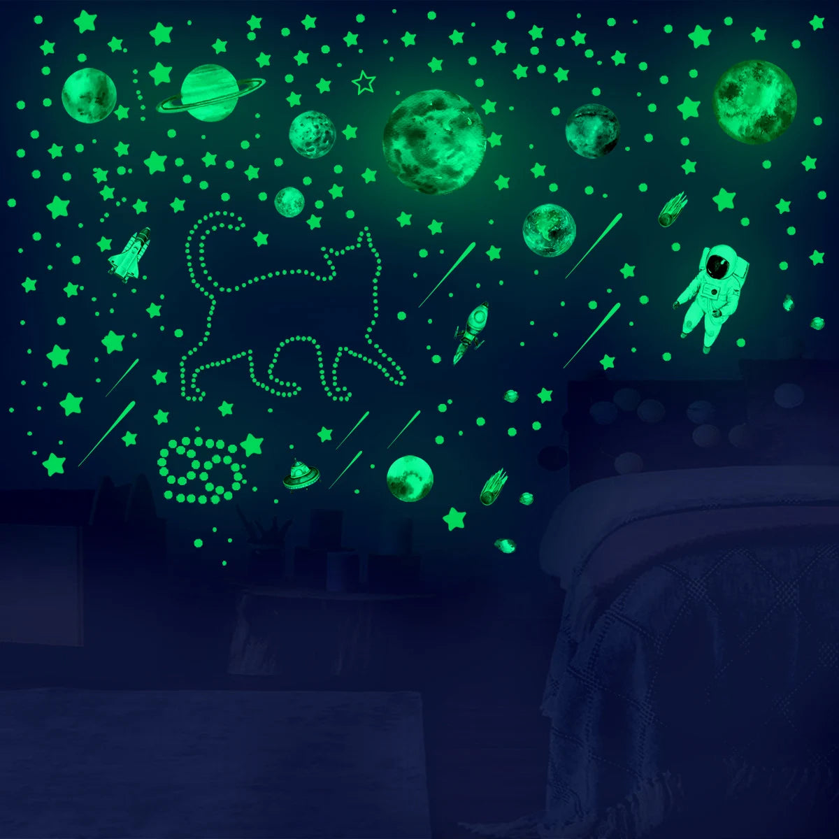 849Pcs Glow in the Dark Stars and Planets Wall Stickers - Luminous Spaceship and Fluorescent Star Decals for Ceiling Decoration