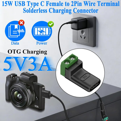 USB-C to 2-Pin Terminal Adapter - Solderless Screw-Type 5V Charging Connector, Green, 1–4 Pack