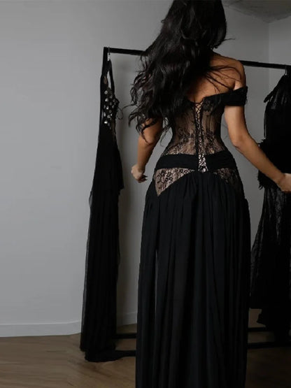 Elegant Lace Patchwork Strapless Dress – Sexy Off-Shoulder High Waist Long Skirt Y2K Gothic Party Gown