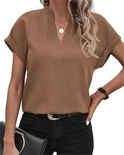 Women’s V-Neck Linen Blend Blouse - Textured Short Sleeve Relaxed Fit Casual Summer Shirt