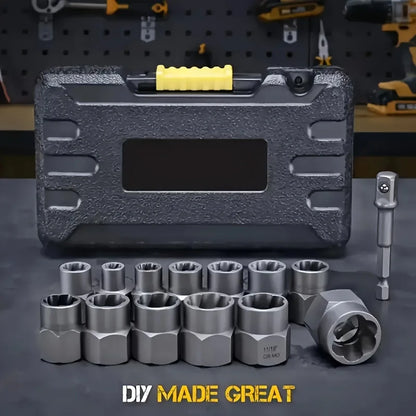 14pcs Damaged Impact Socket Set — Nut & Bolt Extractor/Remover, Chrome Molybdenum Steel with Storage Box
