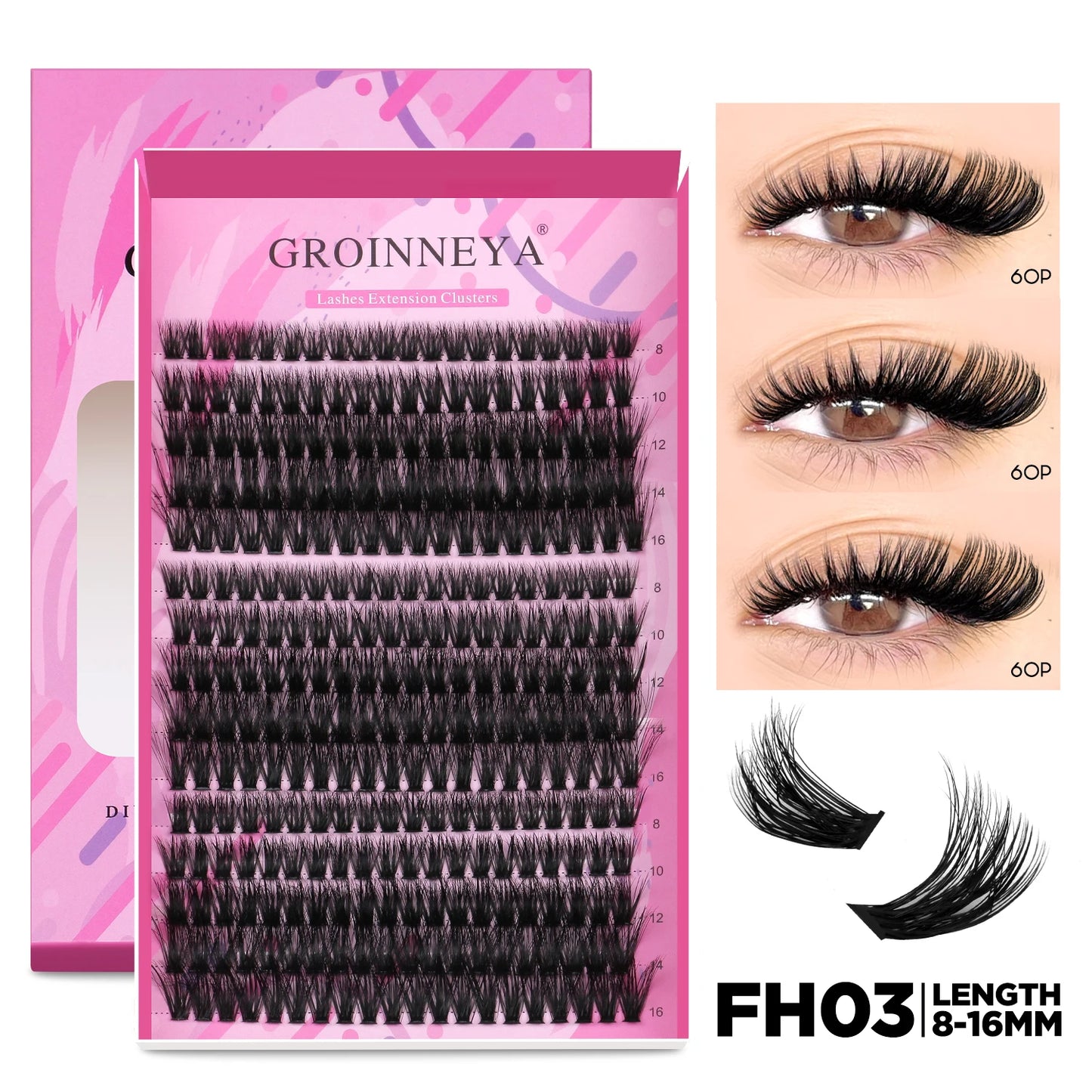 GROINNEYA DIY Lash Extension Kit – Cluster & Individual Lashes Set with Lash Bond & Seal for At-Home Eyelash Extension Makeup
