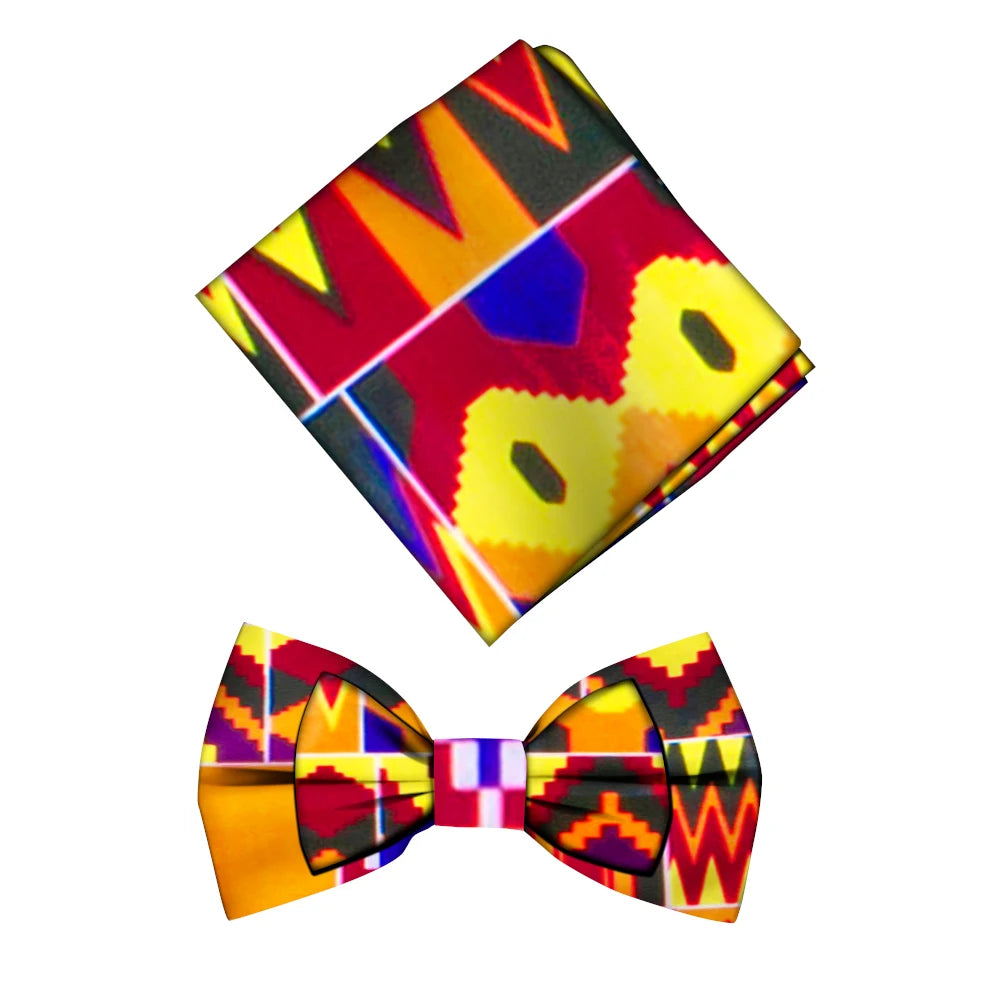 African Print Bow Tie & Kerchief Set - Bohemian Cotton Accessories for Men, Stylish Gift SP077