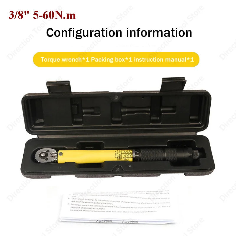 3/8” Bidirectional Torque Wrench — 5-60/19-110/10-140N·m Preset Tool for Bicycle, Motorcycle & Car Repair